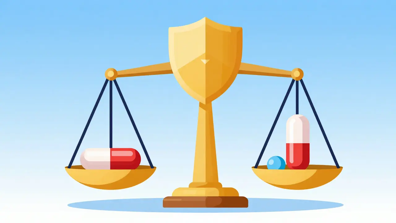 Balance scale showing two identical capsules representing equivalent medicine strength.