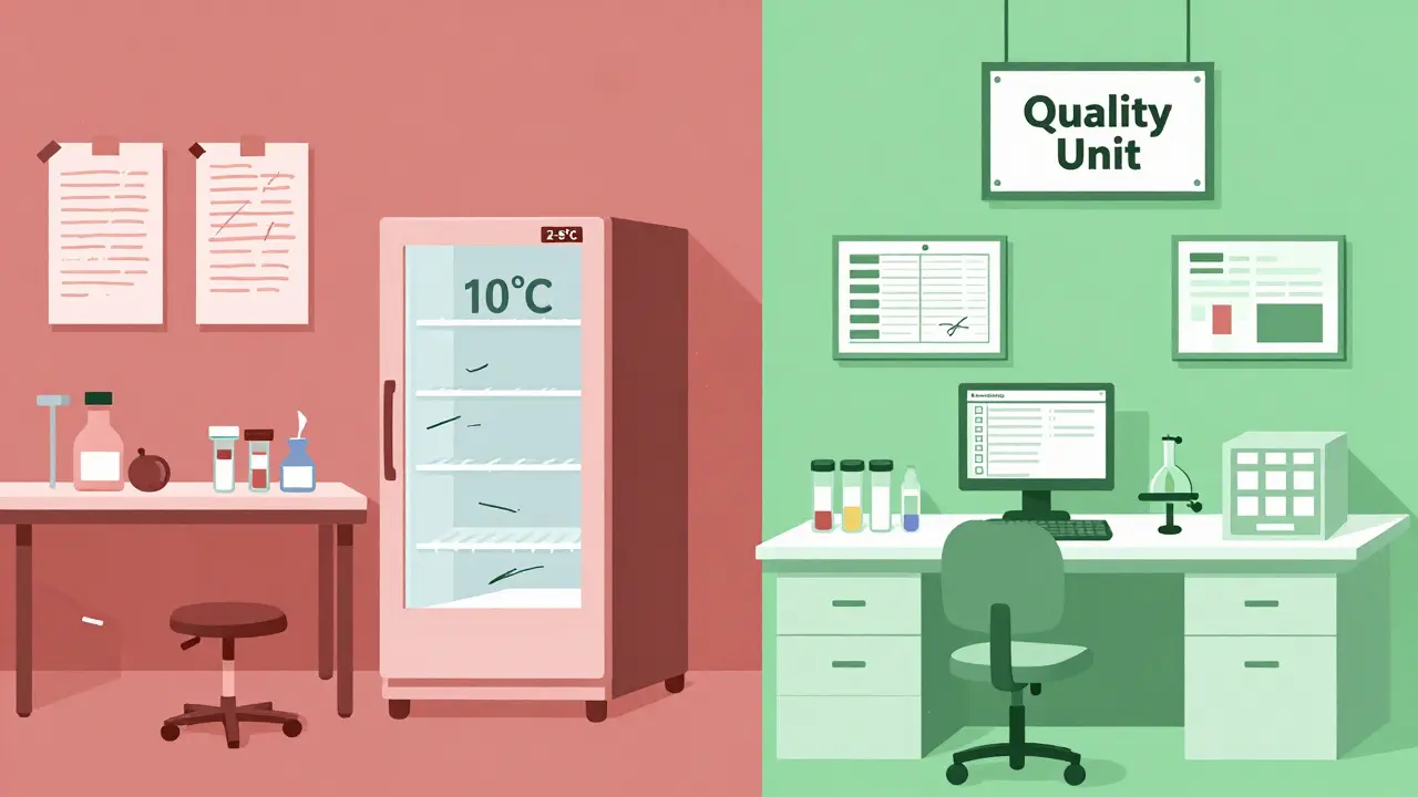 Contrasting scenes: chaotic lab with errors vs. organized lab with proper documentation and controls.