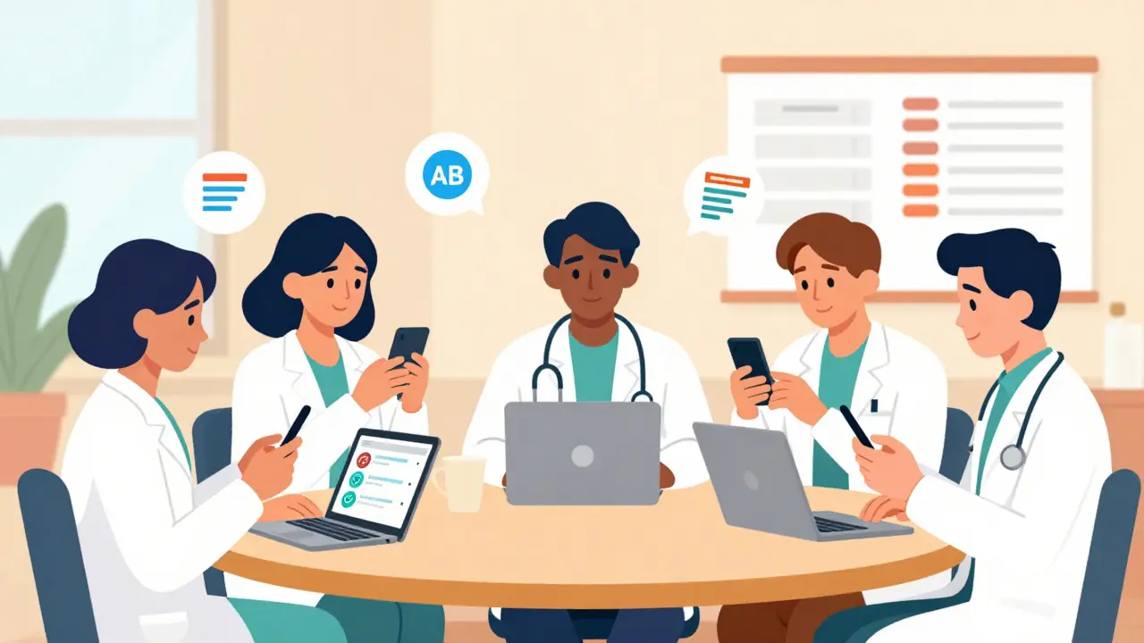 Doctors learn about generics through mobile CME modules in a clinic break room.