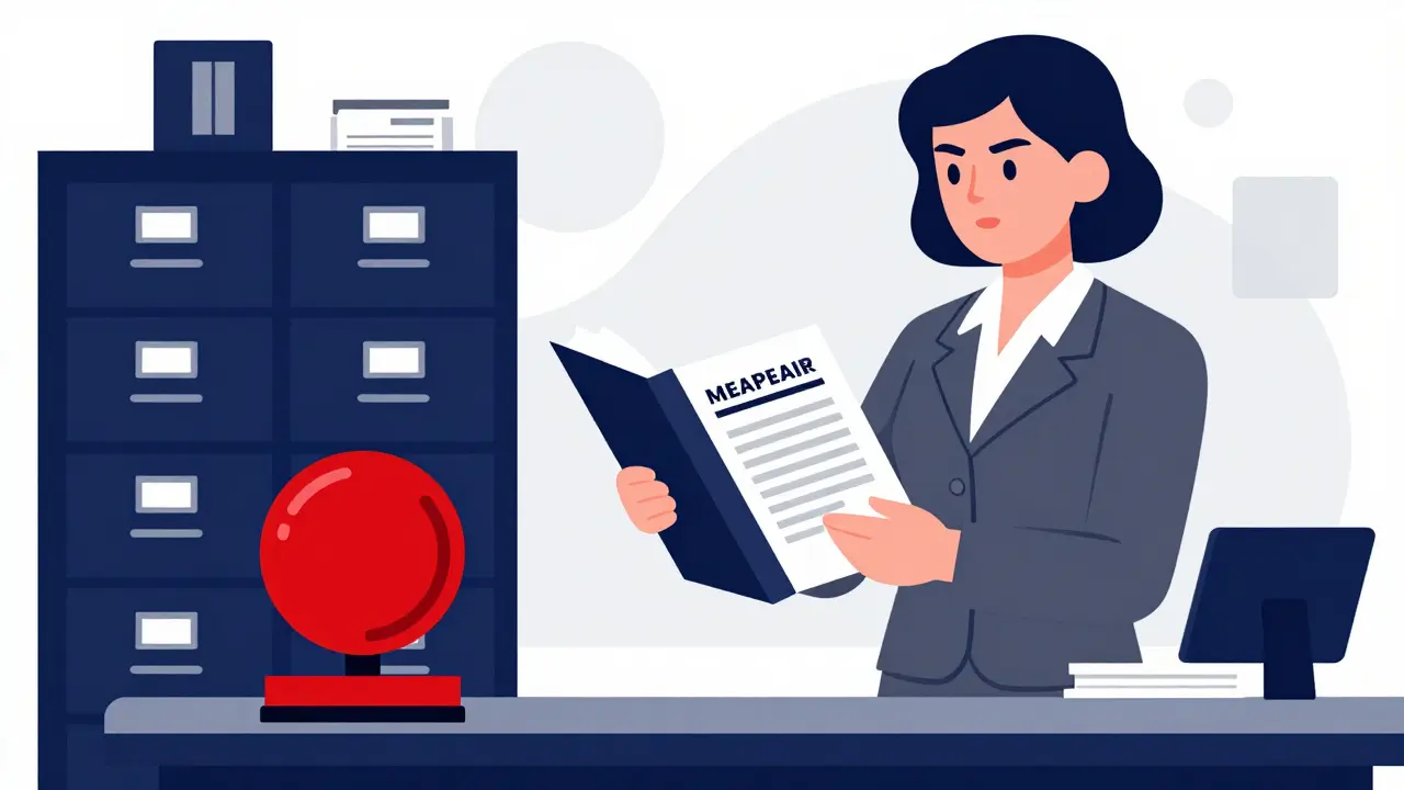 Female official reviewing files in an office with a red stamp