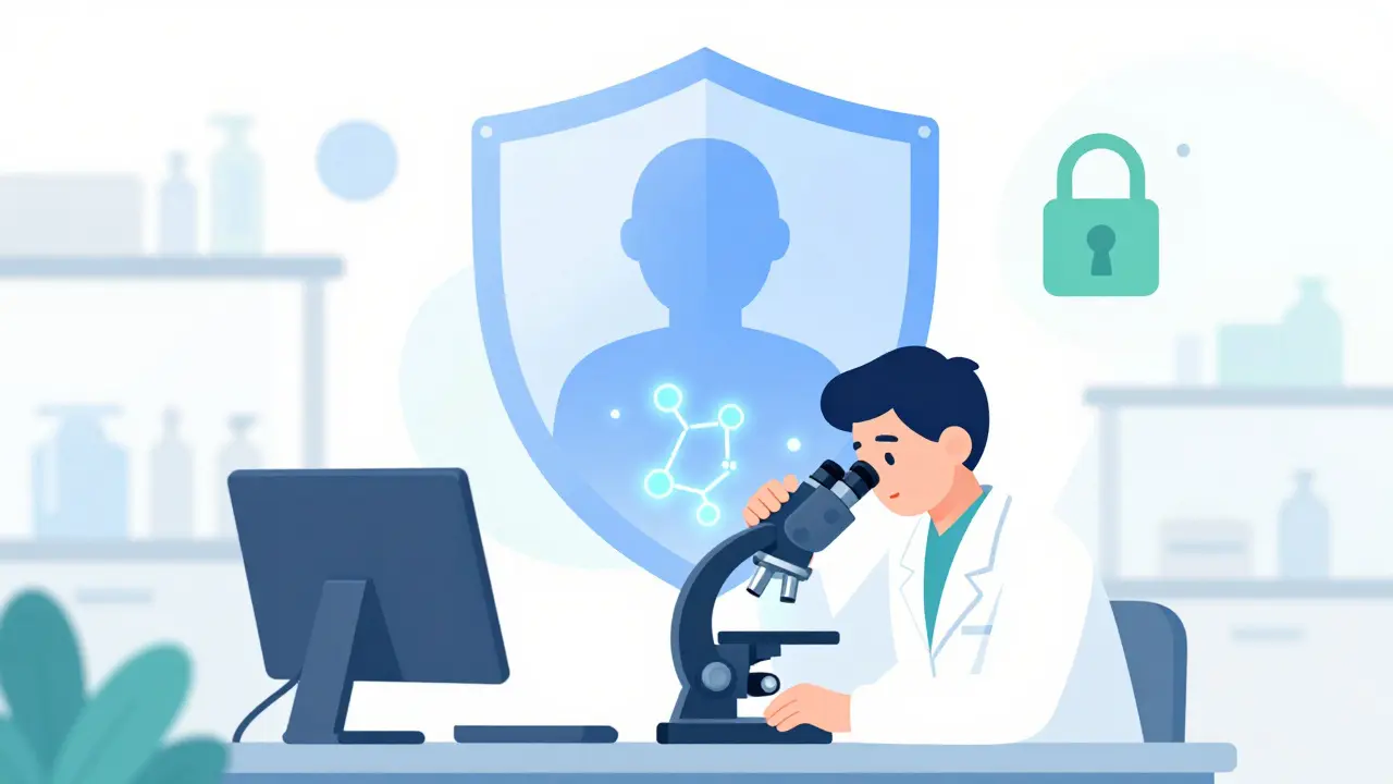 Modern lab scene with a scientist and a protective shield icon