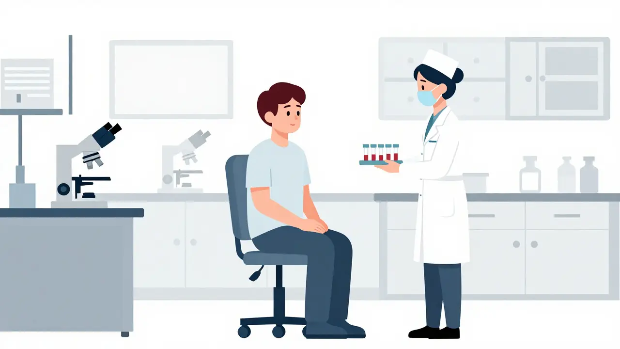 Nurse preparing blood test equipment in a sterile laboratory environment.