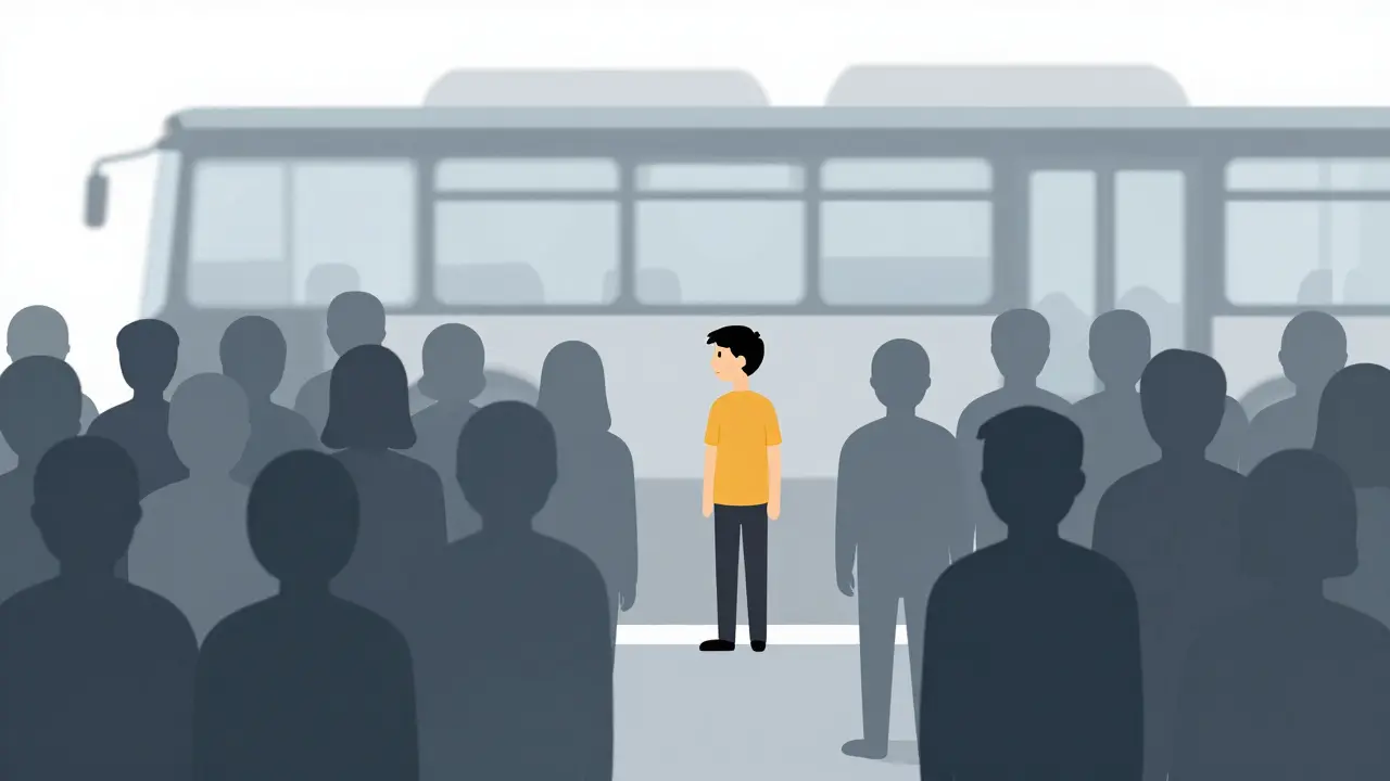 Person hesitating at edge of crowded street avoiding public spaces.