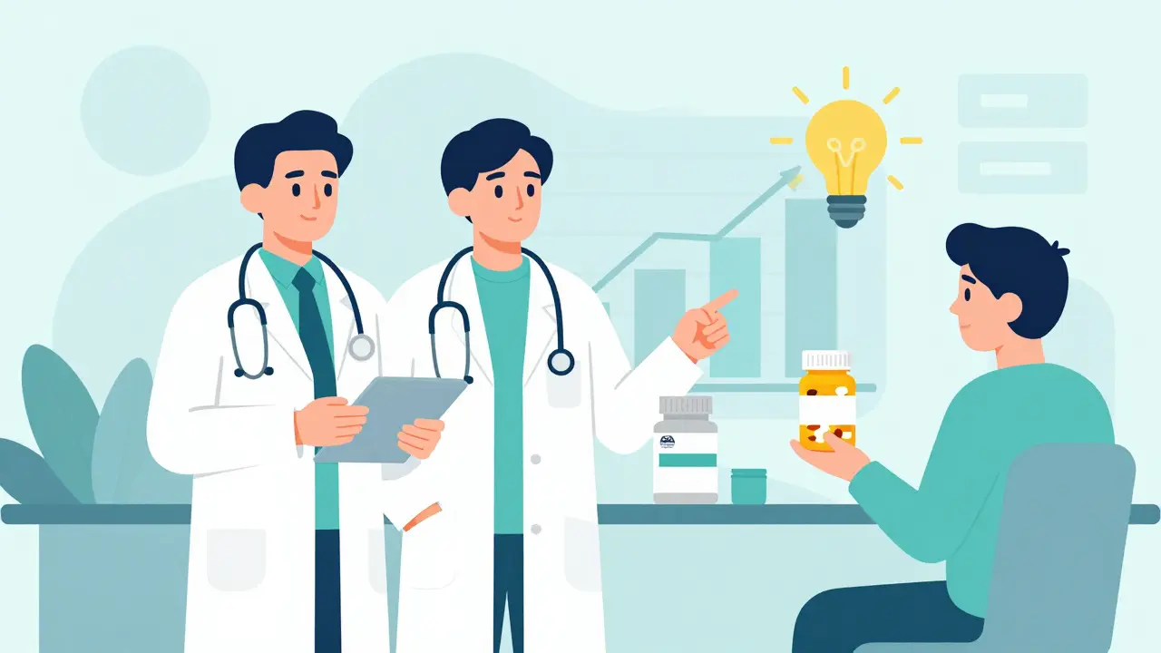 Pharmacist and doctor explain generic vs brand pill equivalence to a patient.