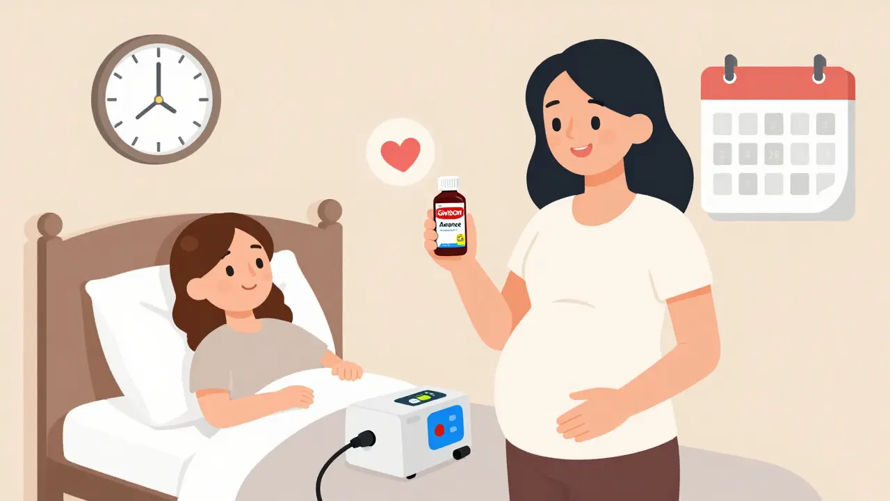 Pregnant woman using Gaviscon for reflux, supported by pregnancy pillow and CPAP, with positive health indicators.