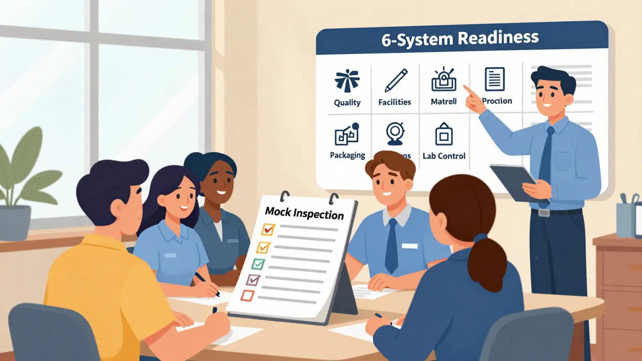 Team reviewing a 6-system readiness chart during a mock FDA inspection drill.