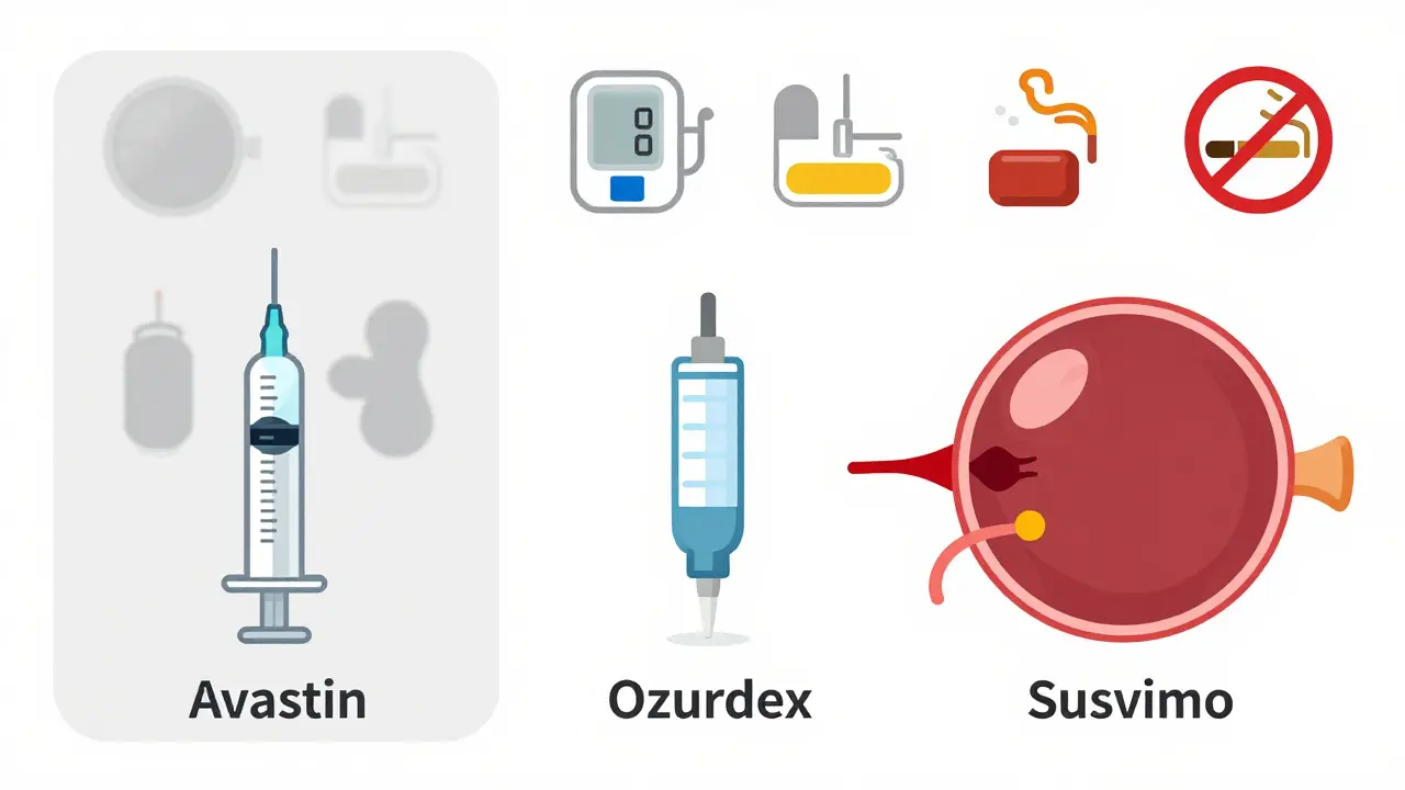 Three treatment options for retinal vein occlusion compared with healthy vs. damaged retina.