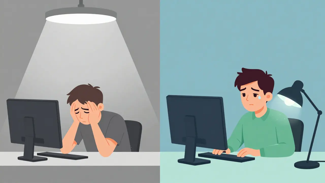 Two contrasting office setups: one causing eye strain and one with ergonomic improvements for comfort.