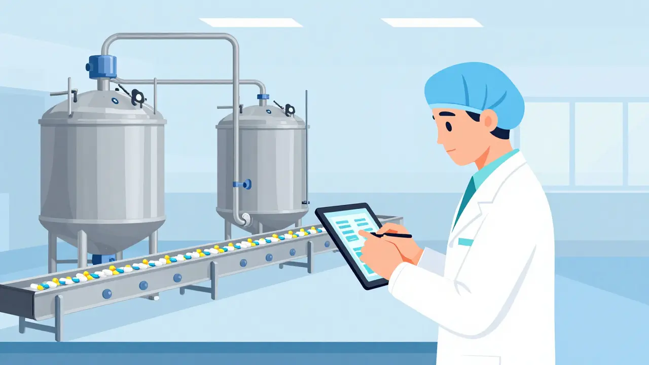 A clean pharmaceutical factory with a technician monitoring production according to safety standards.