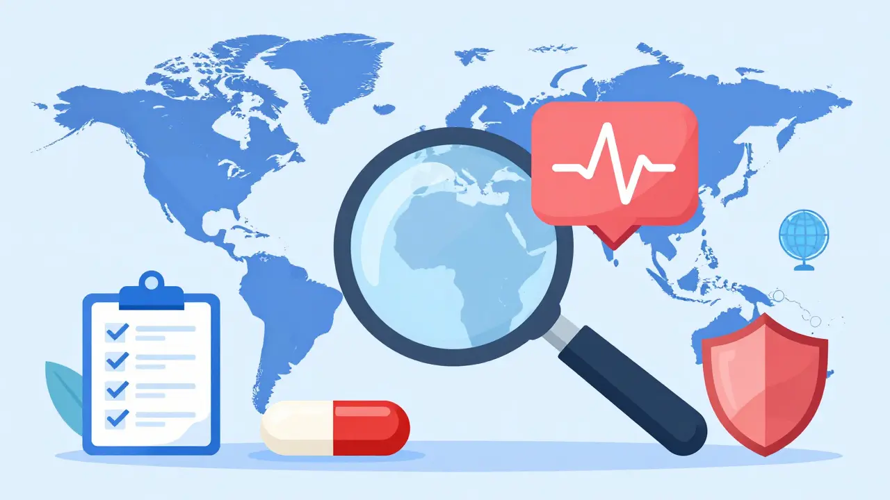 A global map with a magnifying glass and safety icons representing FDA drug monitoring and surveillance.