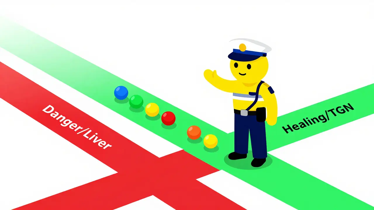 Cartoon flat design of a traffic cop redirecting medication flow from a red path to a green healing path.