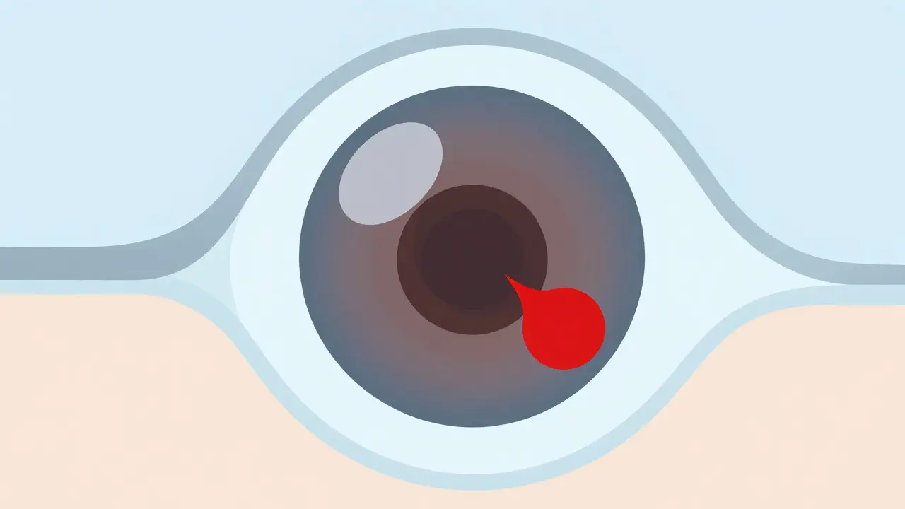 Diagram of an eye showing the iris blocking the fluid drainage angle.