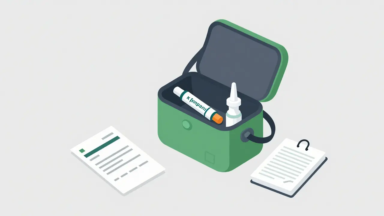 Emergency medications and prescription papers organized for travel