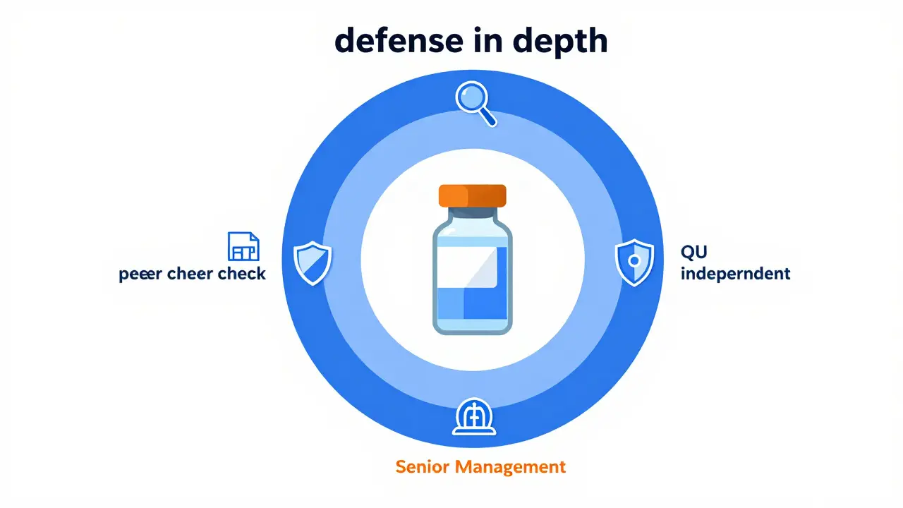 Flat design diagram showing a product protected by four concentric layers of independent oversight.