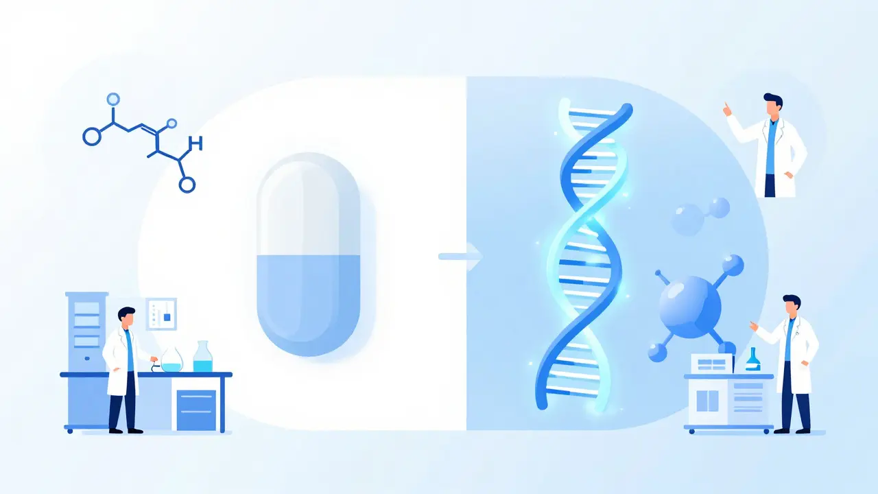 Flat design graphic comparing a simple generic pill with a complex biologic molecule.
