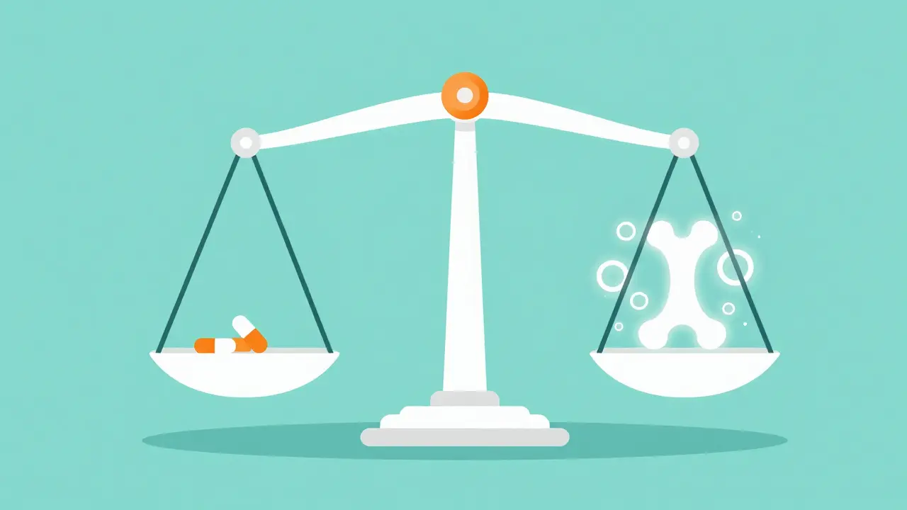 Flat design illustration of a balance scale weighing a small medication dose against healthy bone marrow.