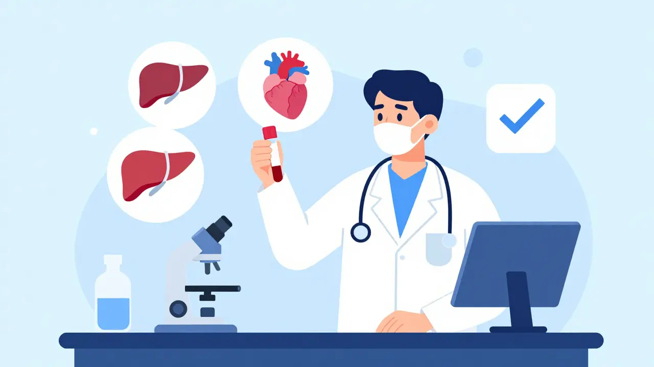 Flat design illustration of a medical professional performing blood tests for liver and lipids