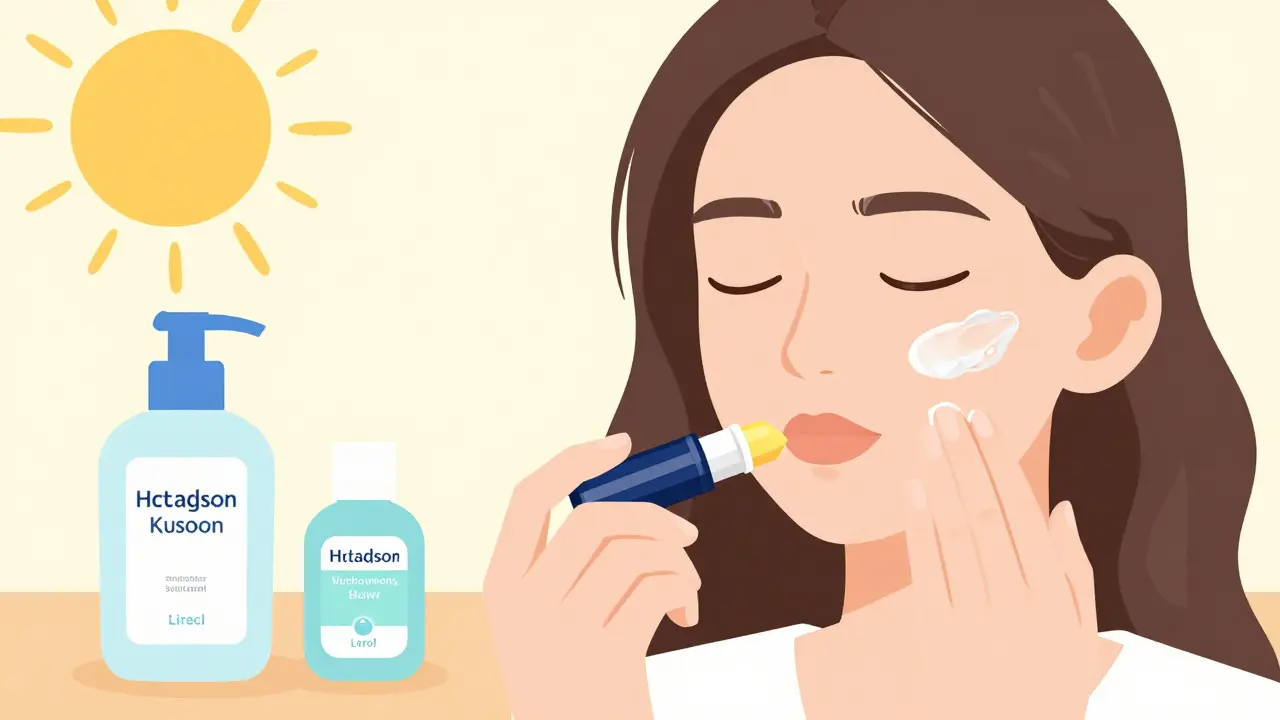 Flat design illustration of a person applying lip balm and sunscreen for skin protection