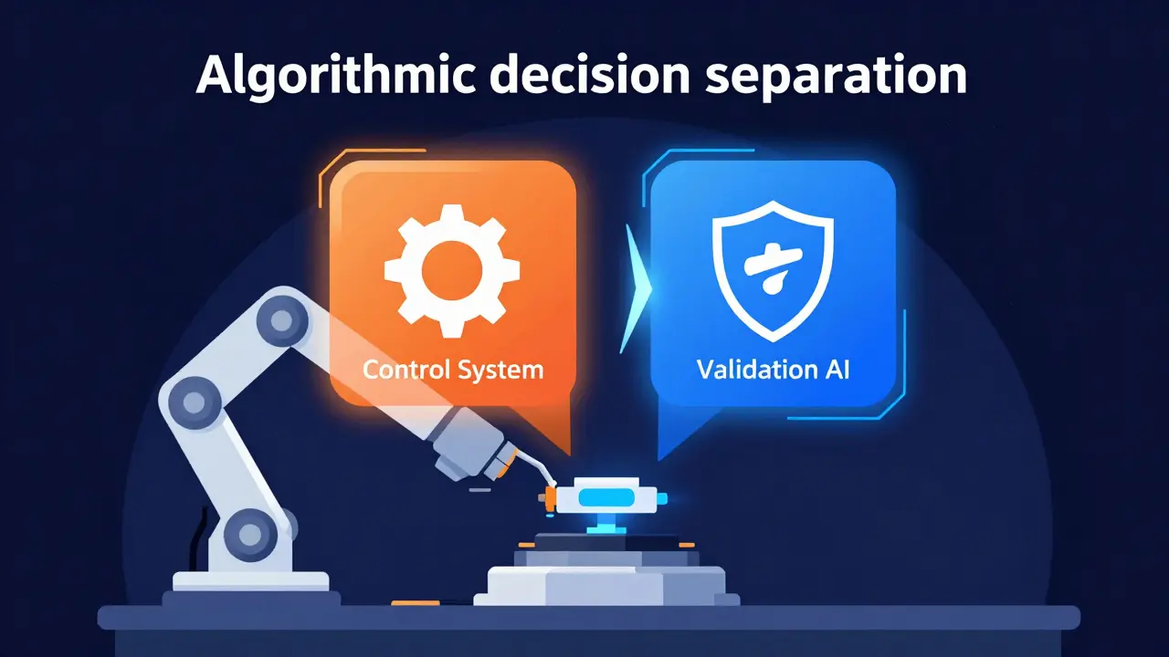 Flat design illustration of a robotic arm with separate digital control and quality validation interfaces.
