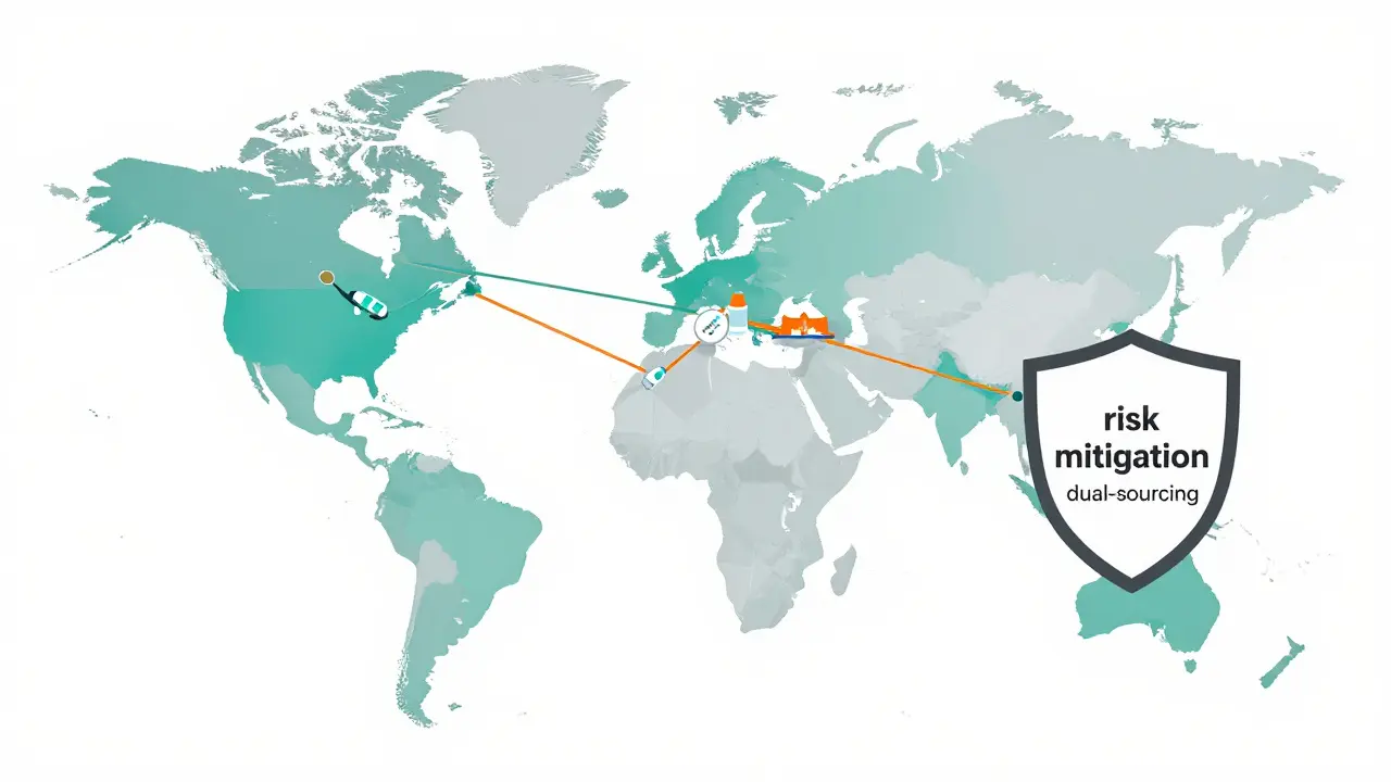 Flat design map of Asia showing pharmaceutical supply chains connecting India, China, Vietnam, and Cambodia.