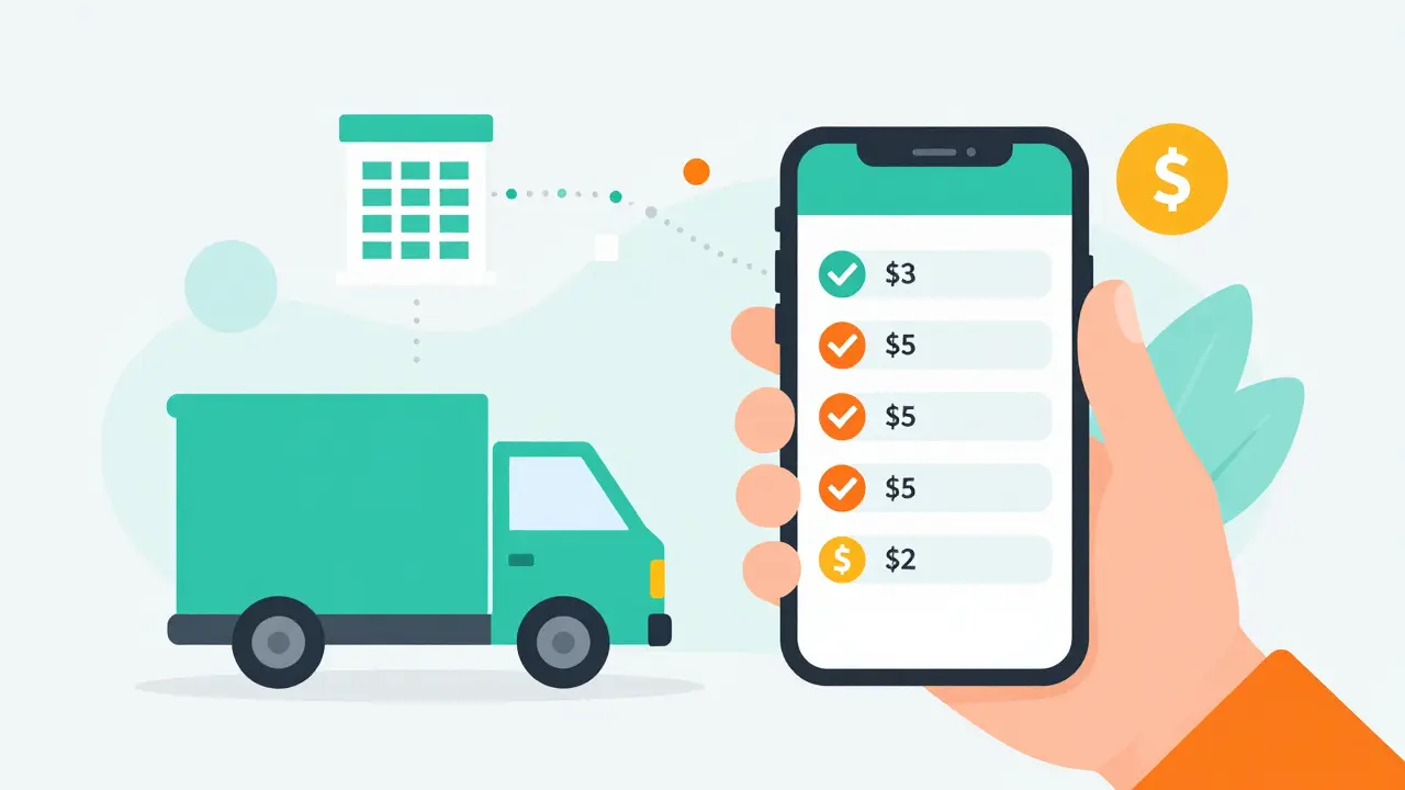 Flat design of a person using a smartphone to compare online pharmacy prices.