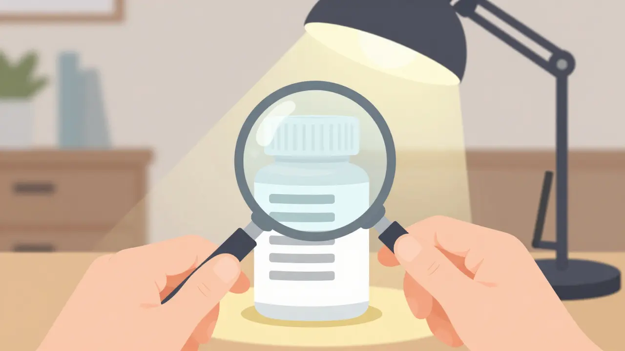 Hands holding magnifying glass over prescription bottle label.