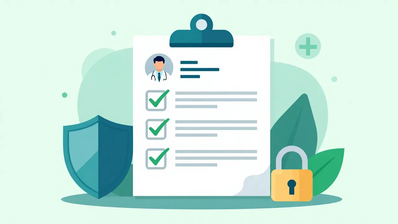 Illustration of a medical prescription with security symbols and a green checkmark.