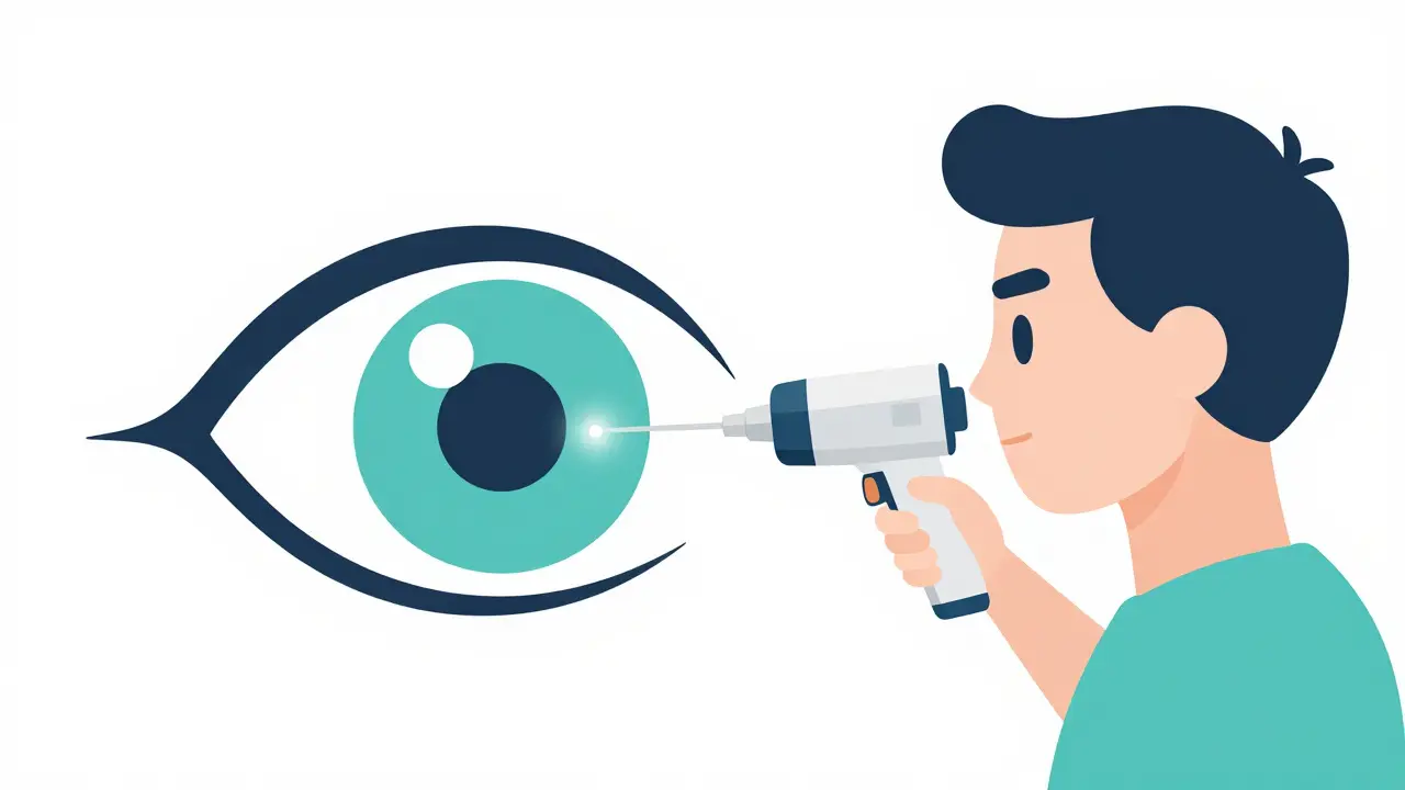 Medical illustration of a laser procedure creating a bypass hole in the iris.