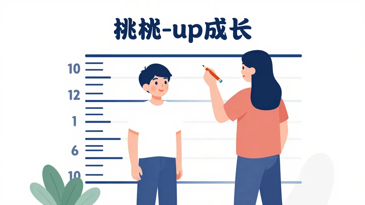 Parent and teenager measuring height on a growth chart