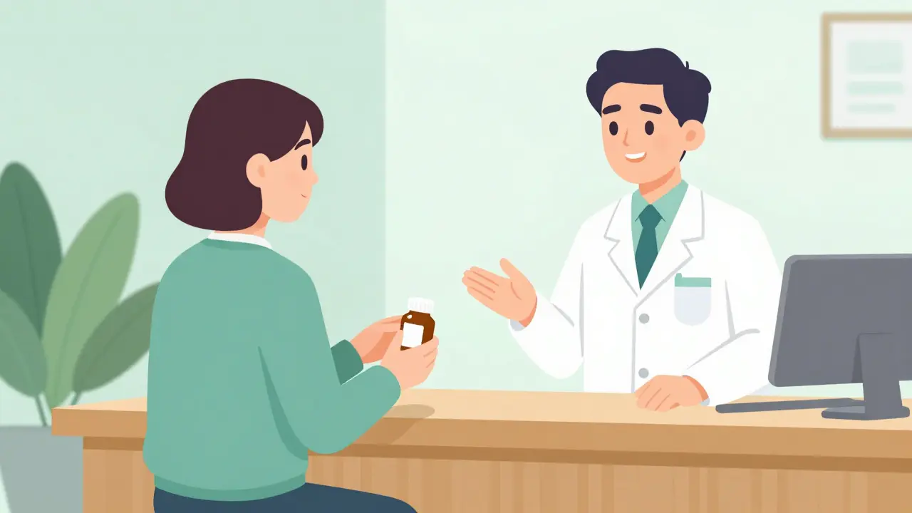 Patient discussing prescription details with pharmacist at counter.