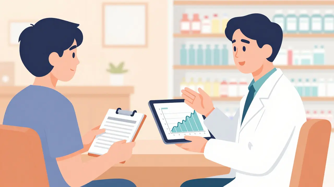 Patient discussing their medication log with a pharmacist in a friendly pharmacy setting