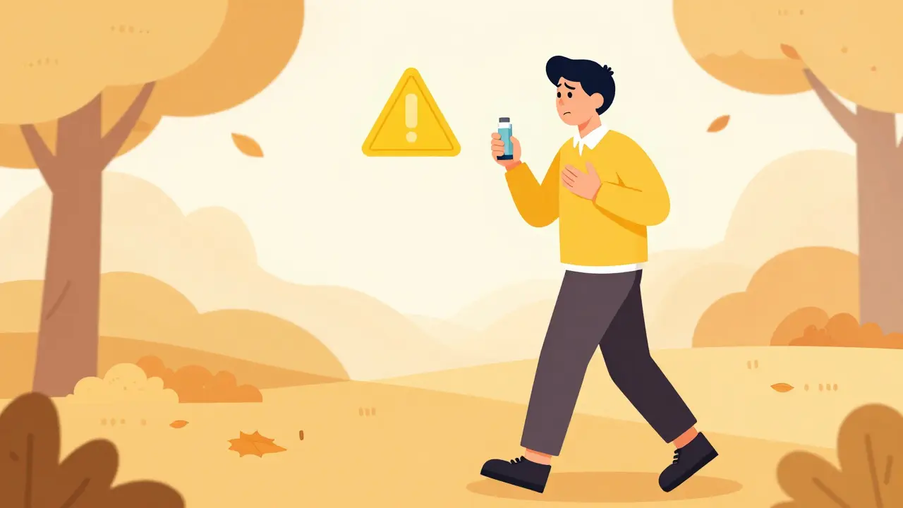 Person using a rescue inhaler during a walk with a yellow caution symbol nearby