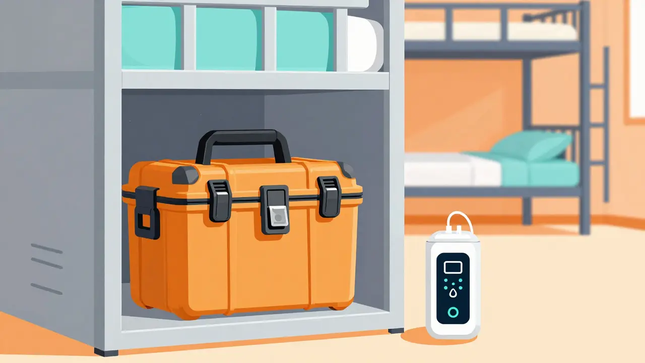 Portable medication lock box and biometric cooler inside a hostel locker