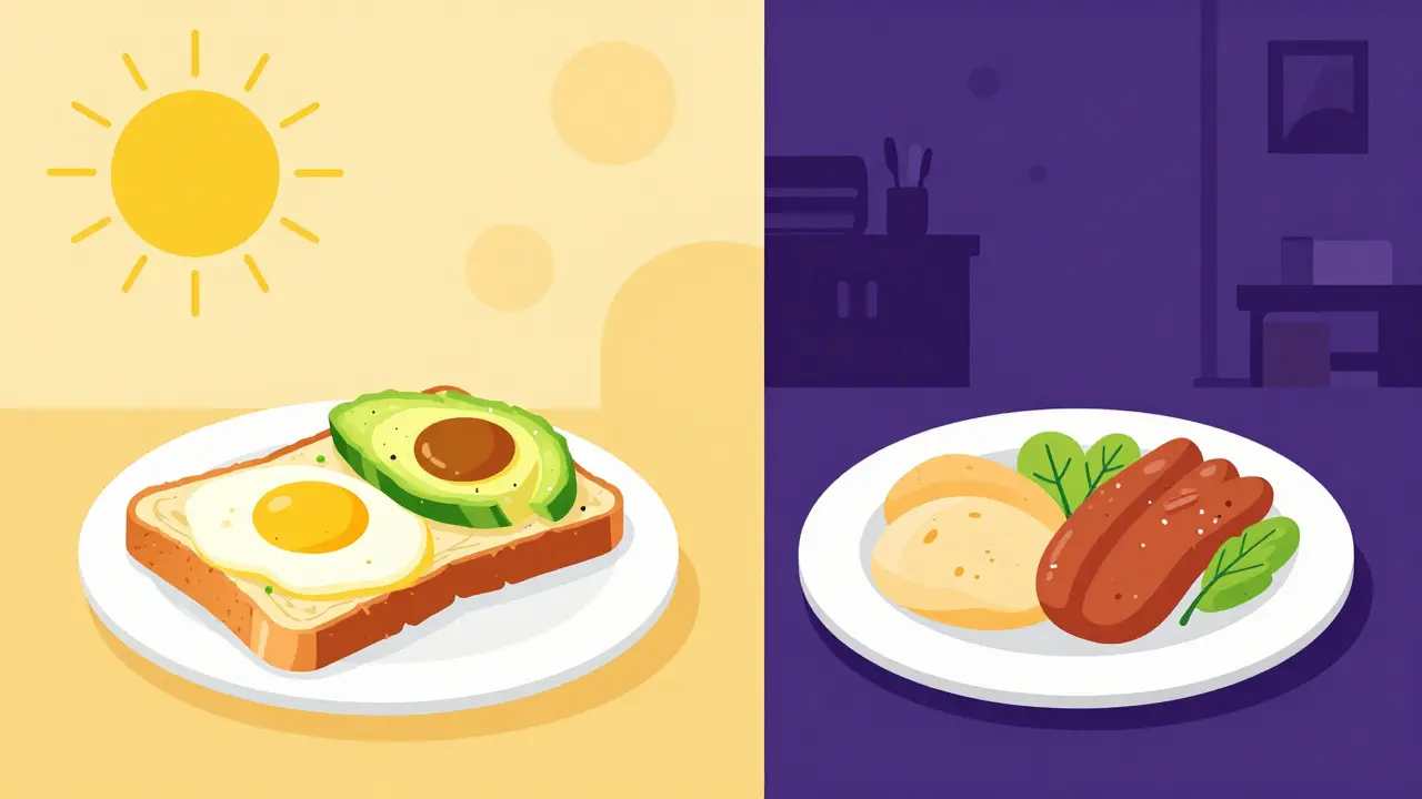 Split scene showing a high-calorie breakfast and a large evening meal