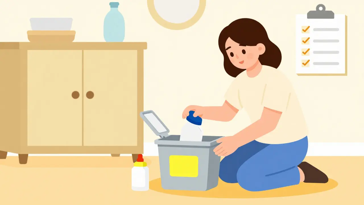 Caregiver safely disposing of hazardous waste at home using a spill kit.