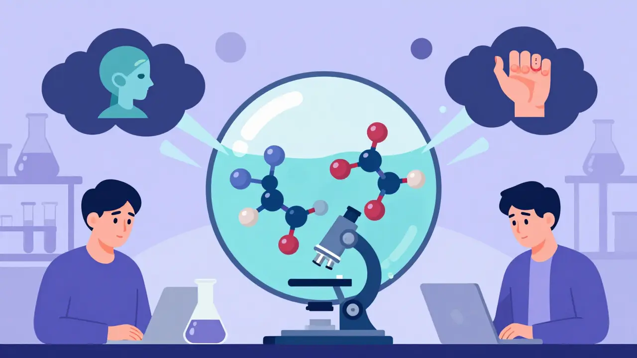 Cartoon depicting biosimilar molecules treating complex diseases in a lab