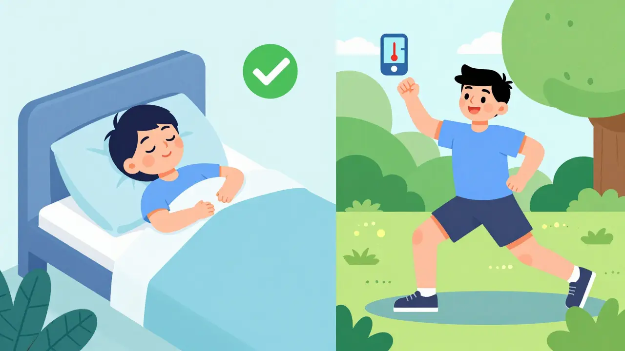 Cartoon showing improved sleep quality and active lifestyle with diabetes management.