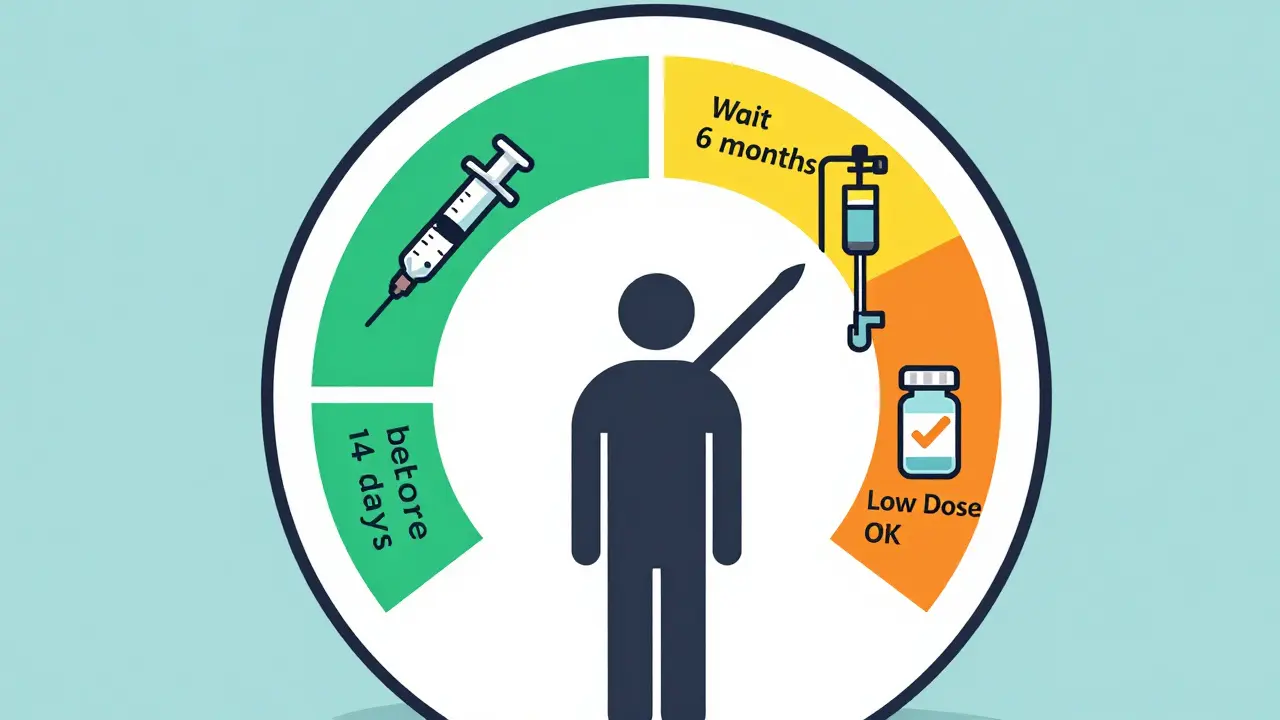 Conceptual flat design showing critical timing windows for vaccinations during immunosuppressive therapy.