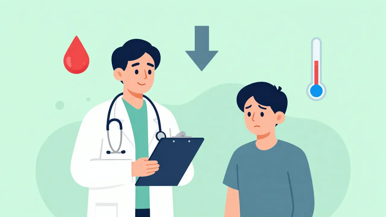 Doctor discussing alarm symptoms like blood and weight loss with patient