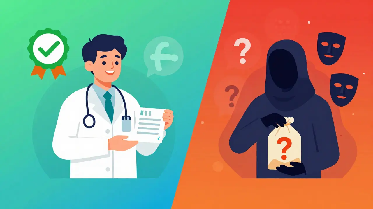 Flat design comparing safe doctor visit vs risky online pill purchase