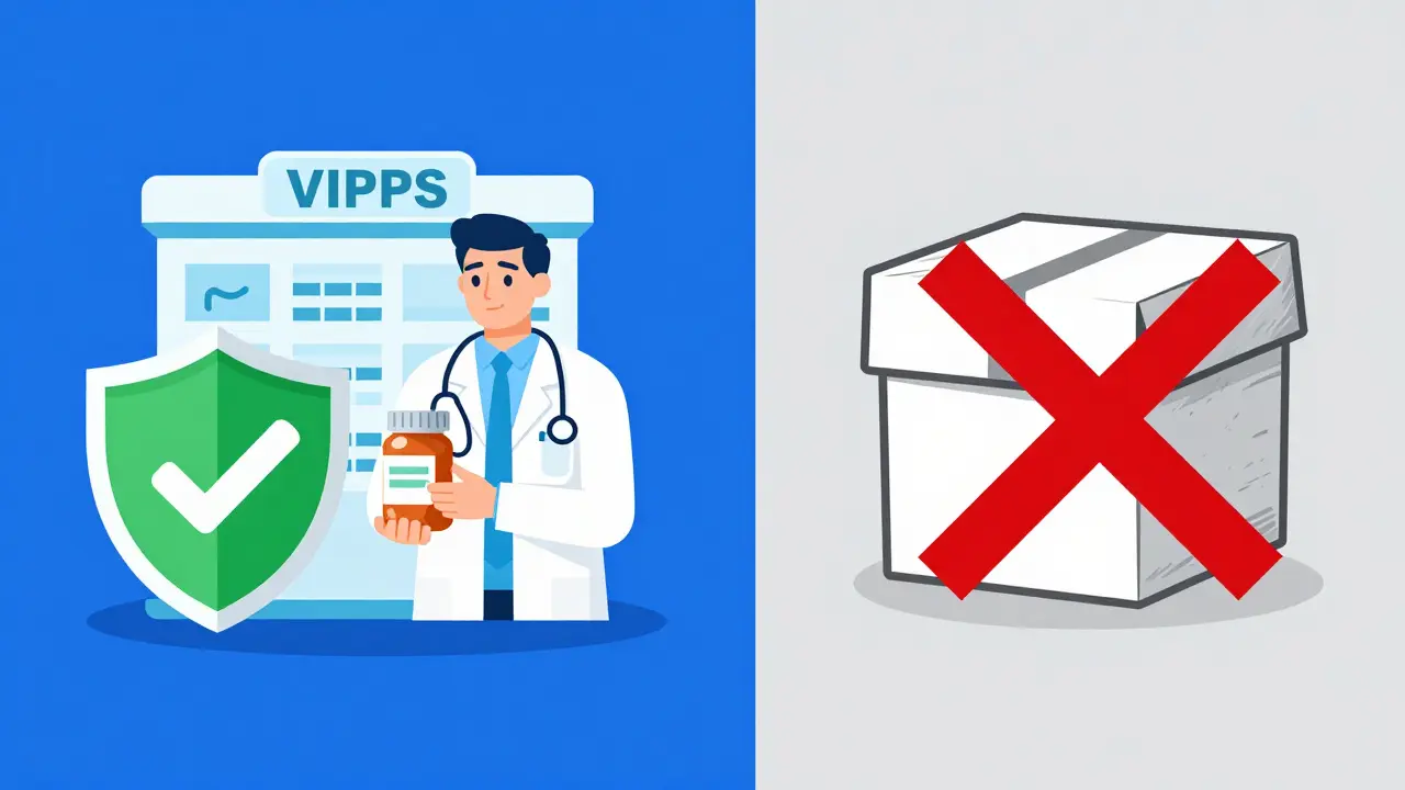 Flat design comparison of safe certified pharmacy vs fake site