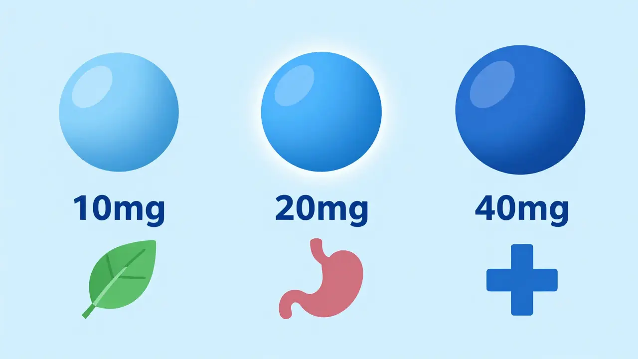 Flat design graphic showing different omeprazole pill dosages and sizes