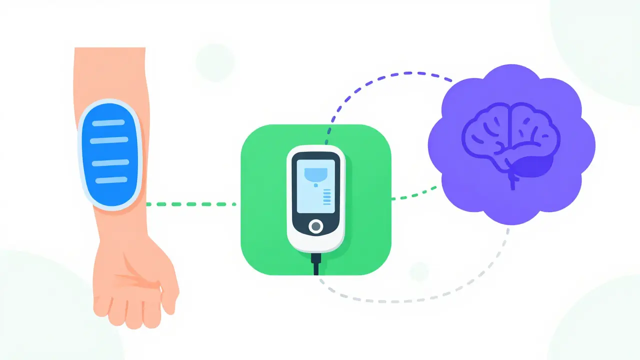 Flat design illustration of CGM, insulin pump, and algorithm components connected.