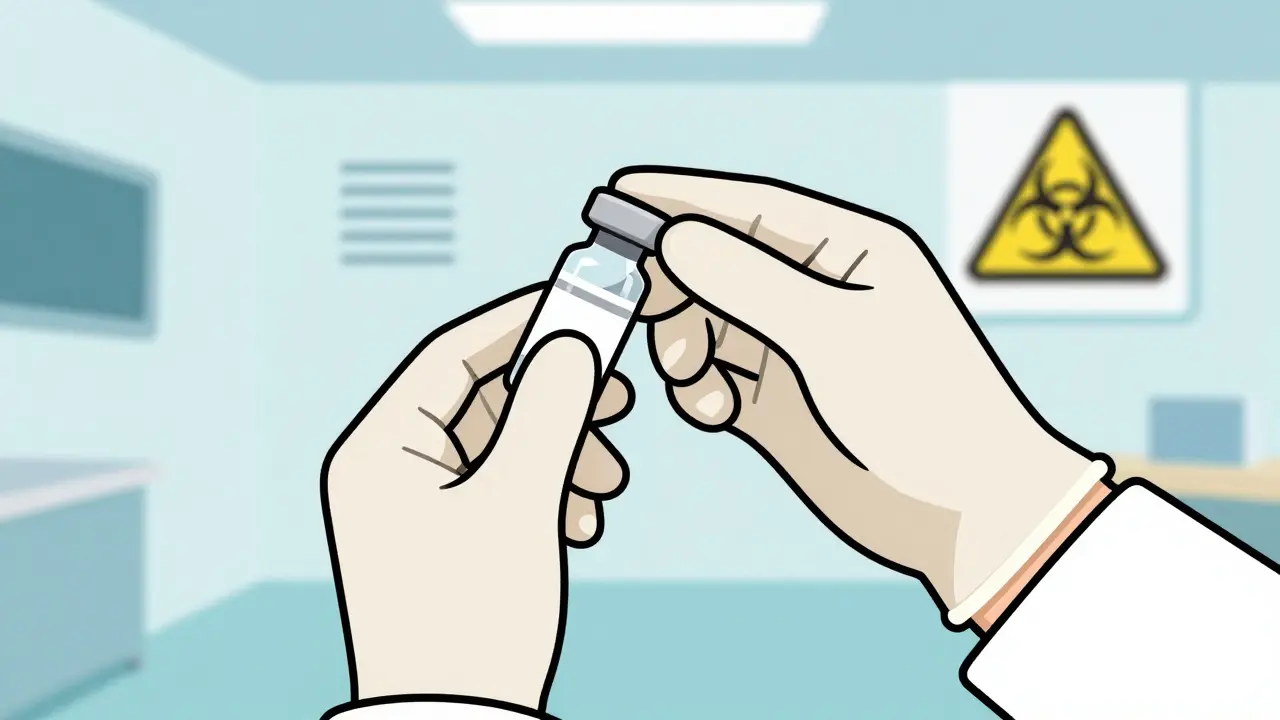 Flat design of gloved hands preparing chemo meds in a safe isolation room.