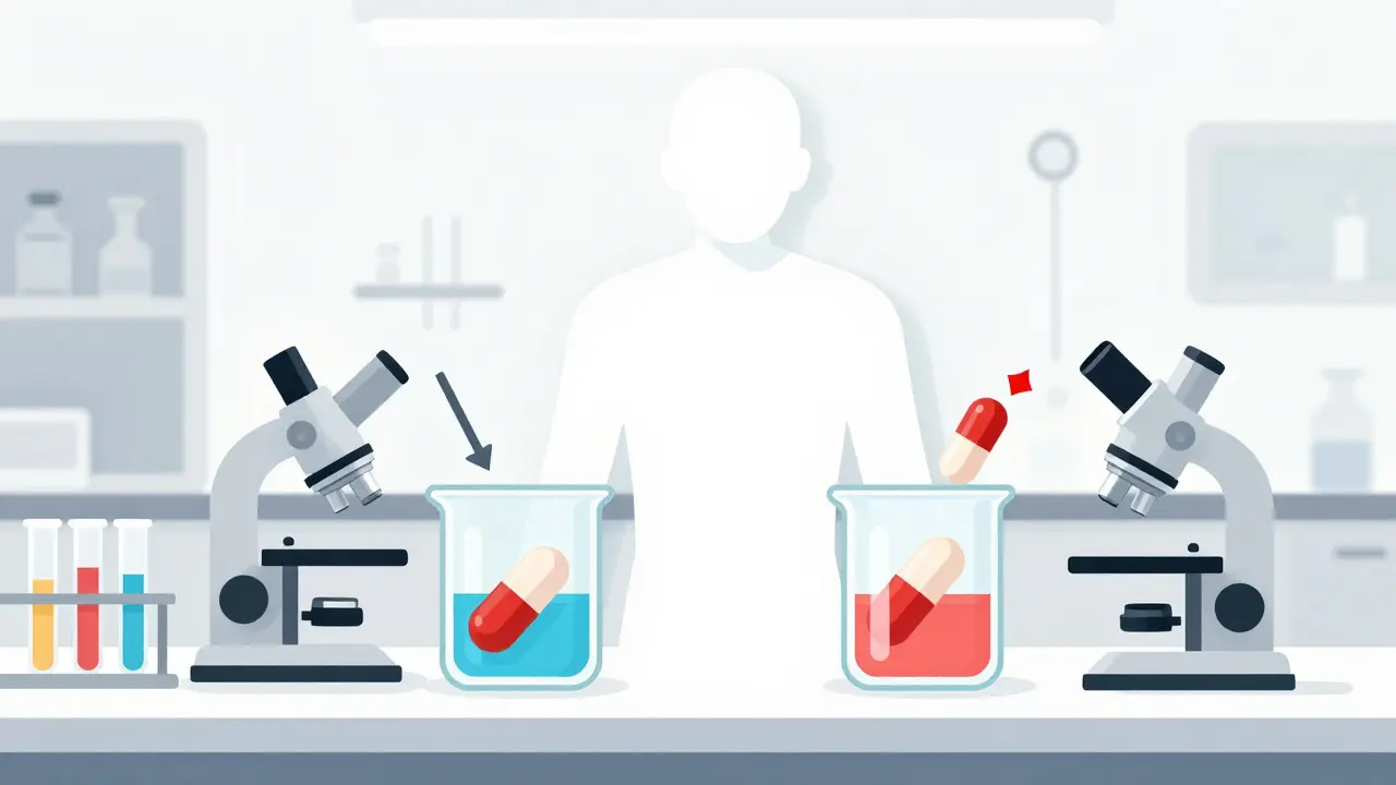Flat design showing pills dissolving in beakers to demonstrate bioequivalence testing in a lab.