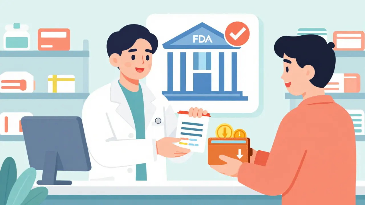 Flat illustration of a pharmacist giving generic meds to a patient, highlighting cost savings.
