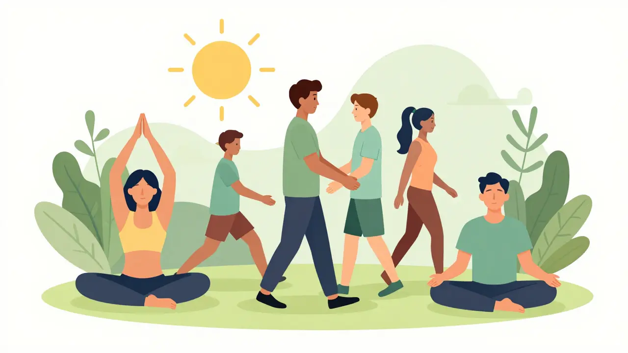 Flat illustration of people doing yoga and meditation for pain relief