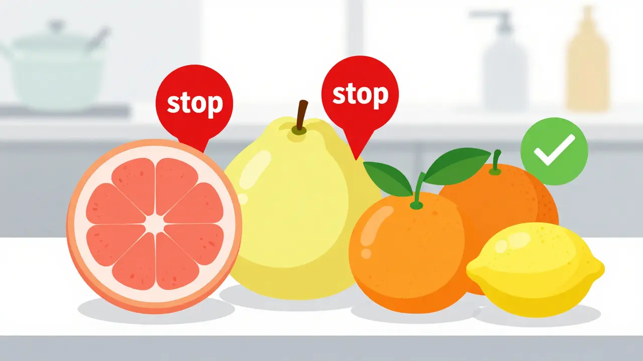 Graphic showing unsafe vs safe citrus fruits for patients