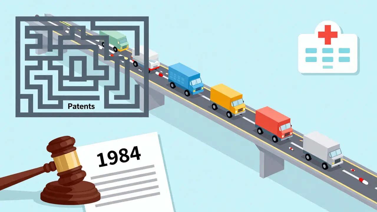 Illustration of a legal gateway allowing generic drug competition and savings