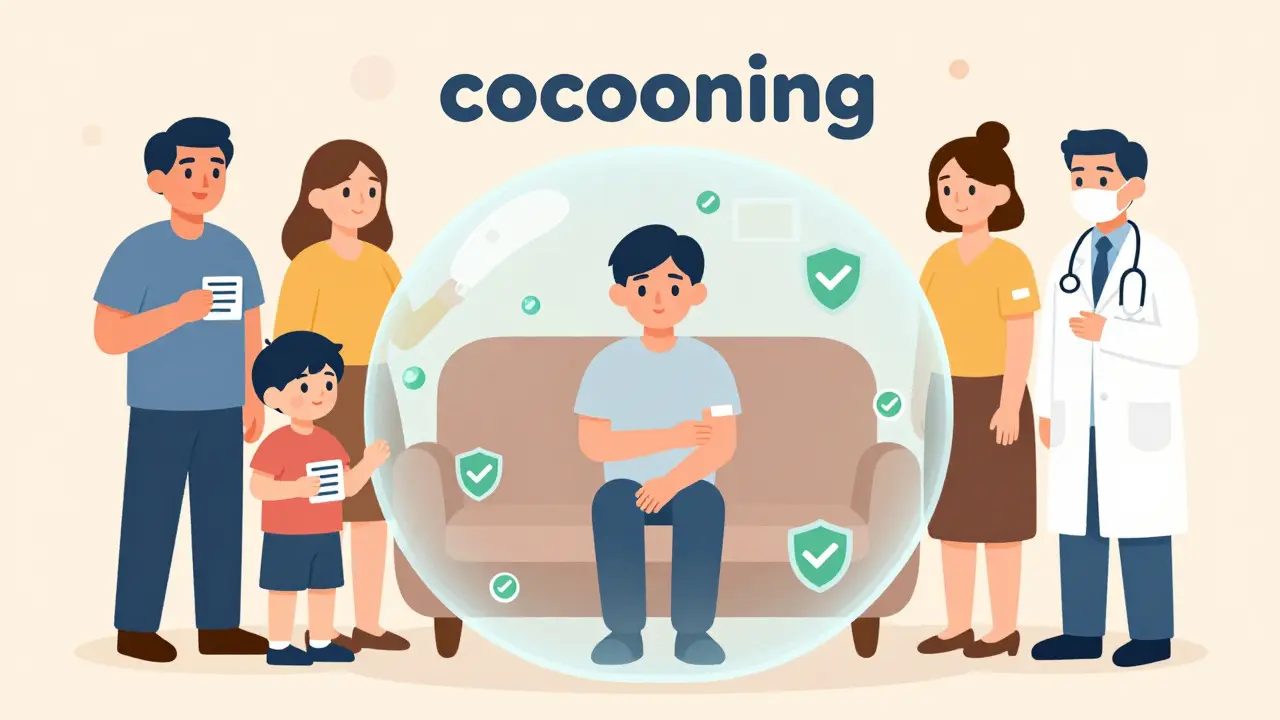 Illustration of family members vaccinating to create a protective cocoon around an immunocompromised patient.